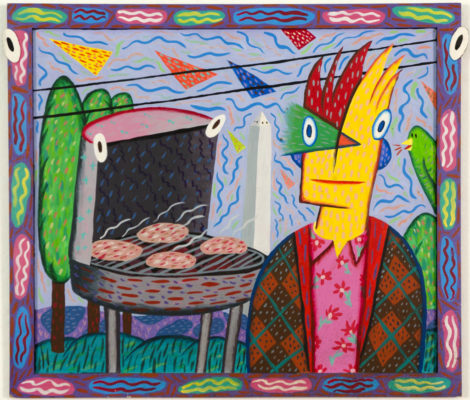 "Barbeque With Monument" 1980 Acrylic on Masonite with wood frame, 20 x 18.5