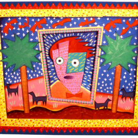 "Boy in the Landscape" 1980 Acrylic and mixed materials on a wood panel. 24 x 30 x 1.5 inches.