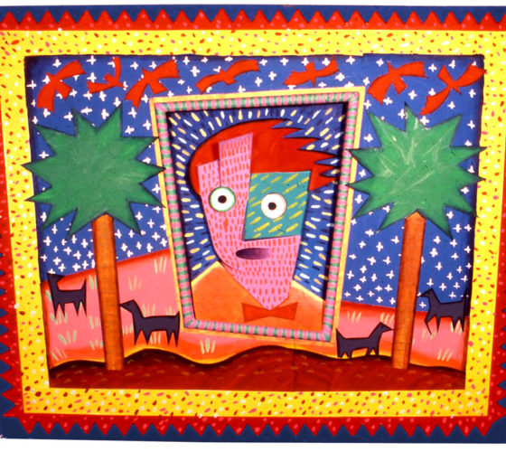 "Boy in the Landscape" 1980 Acrylic and mixed materials on a wood panel. 24 x 30 x 1.5 inches.