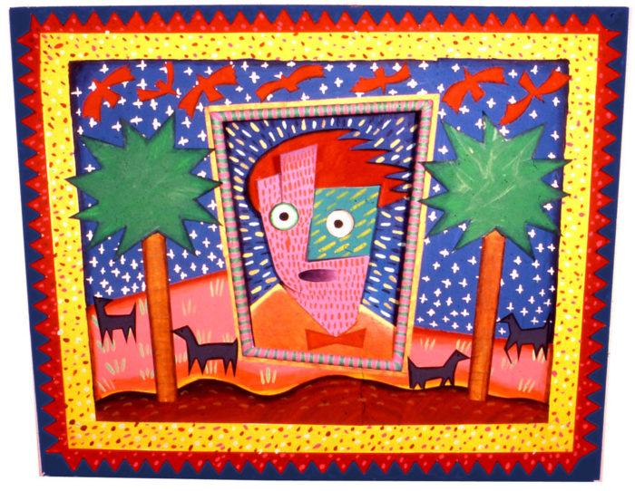 "Boy in the Landscape" 1980 Acrylic and mixed materials on a wood panel. 24 x 30 x 1.5 inches.