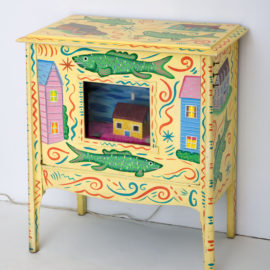 "The Underwater Suburbs" 1983 Acrylic on found furniture with fish tank and mixed materials. 30 x 24 x 14