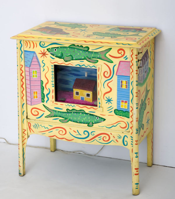"The Underwater Suburbs" 1983 Acrylic on found furniture with fish tank and mixed materials. 30 x 24 x 14