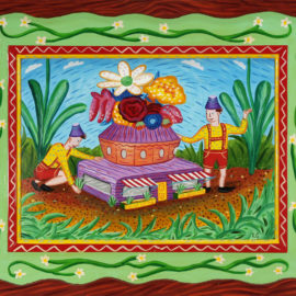 "Discovery in the Garden" 1985 Acrylic on wood panel with carved and painted frame. 22 x 28