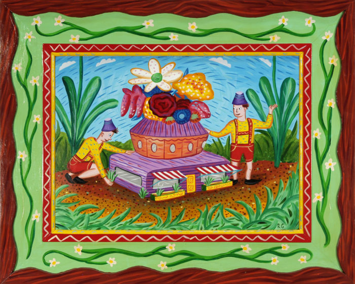 "Discovery in the Garden" 1985 Acrylic on wood panel with carved and painted frame. 22 x 28